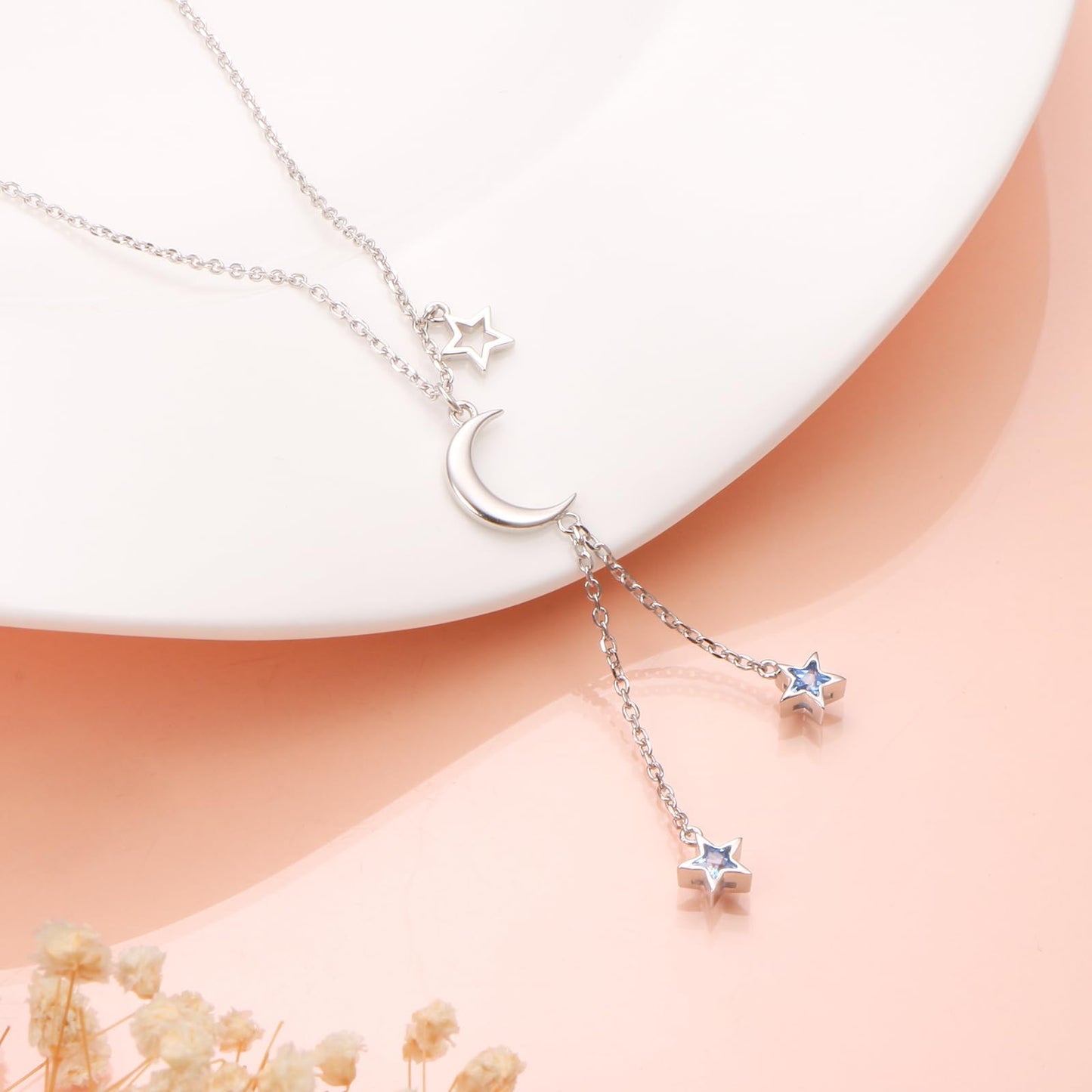 Ladytree 925 Sterling Silver Crescent Moon and Stars Celestial Jewelry Blue Star Synthetic Spinel Pendant Necklace Rolo Chain 18 inches to 20 inches