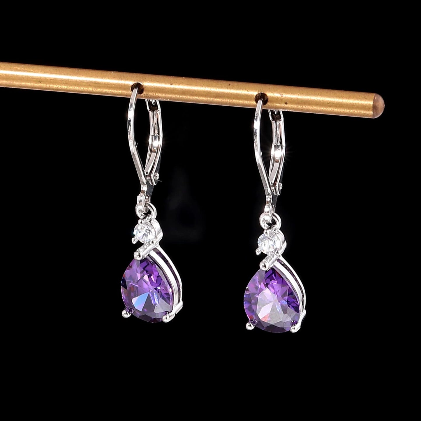 CiNily Leverback Dangle Earrings for Women 14K White Gold Plated Drop Earrings Purple Cubic Zircon Fashion Teardrop Hoop Earrings Hypoallergenic Jewelry for Sensitive Ear