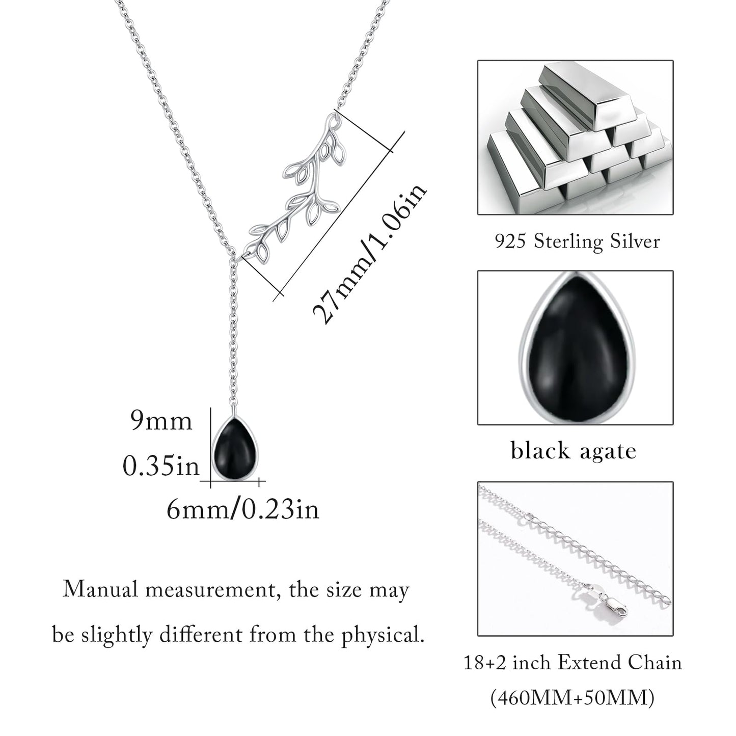 Silikepa Leaf Necklace for Women 925 Sterling Silver Leaf Pendant Necklace Y Chain with Black Onyx Jewelry Gifts for Women