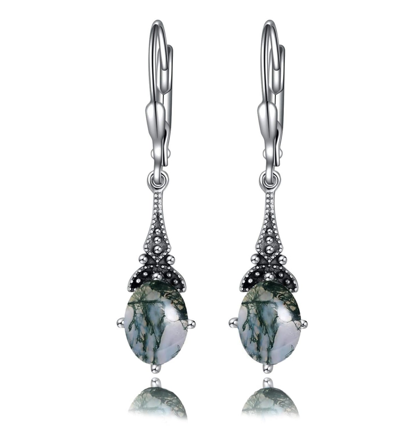 Moss Agate Earrings 925 Sterling Silver Vintage Leverback Drop Dangle Earrings, Christmas Birthday Jewelry Earrings Gifts for Women