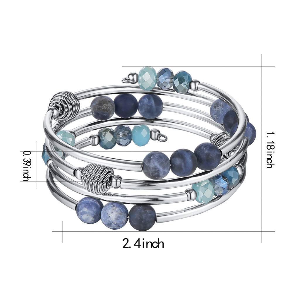 PEARL&CLUB Bead Crystal Wrap Bangle Bracelet - Fashion Jewelry Beaded Bracelet with Silver Metal, Gifts for Women(61-Blue)
