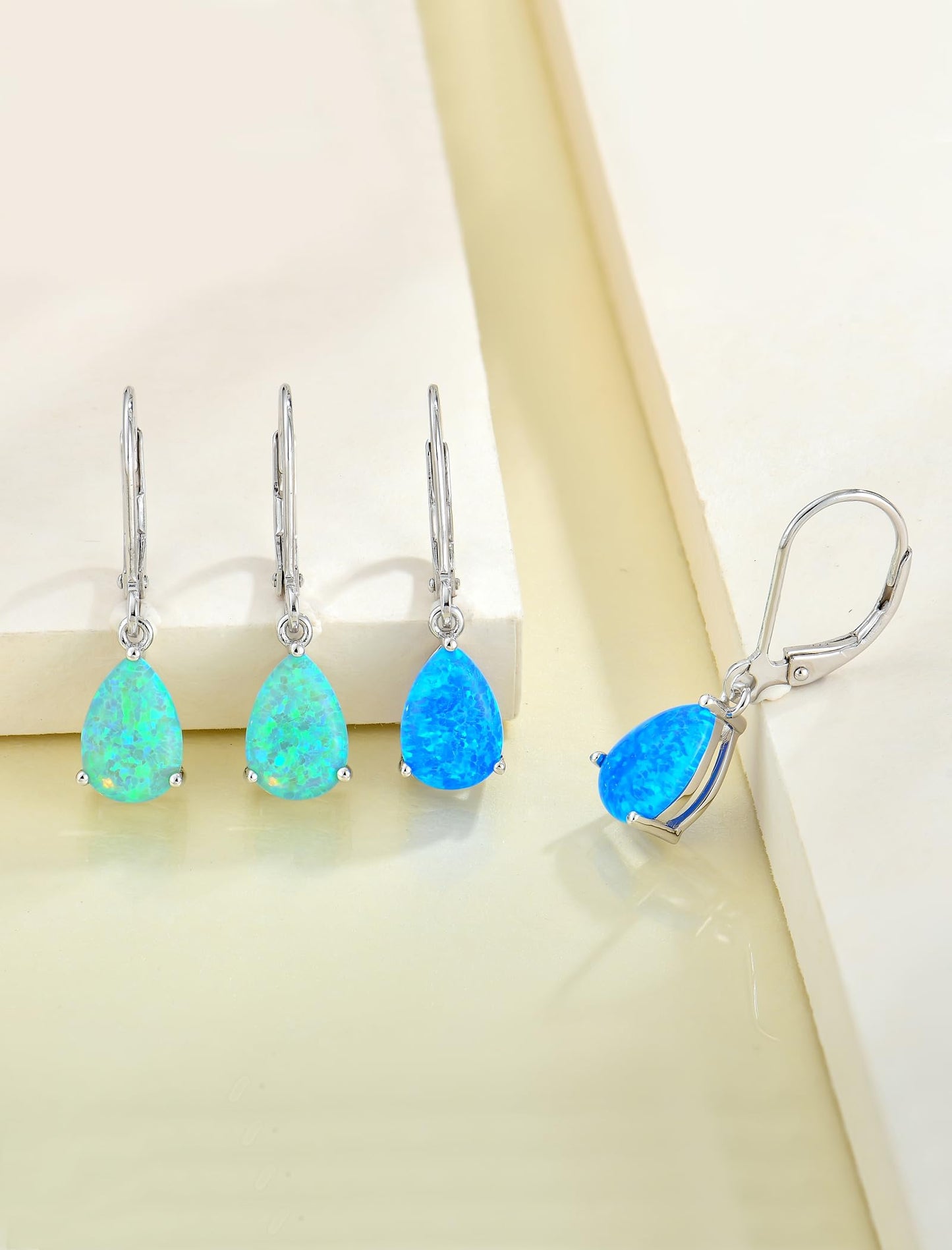 YL 925 Sterling Silver Teardrop Dangle Drop Earrings for Women 7x10 MM Solitaire Blue Created Opal Leverback Jewelry