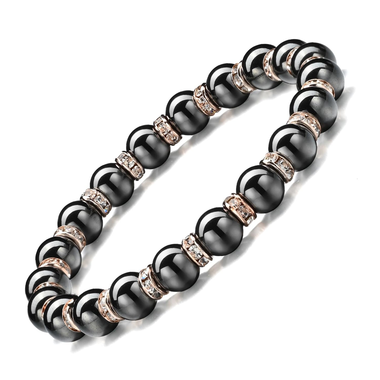 Apocalyptic-K Women's Magnetic Bracelet，Hematite Bracelets，Magnetic Bracelets With Zirconia,Handmade Stretch Bracelet，Eliminates static electricity. (Rose Gold Zirconia,8MM)
