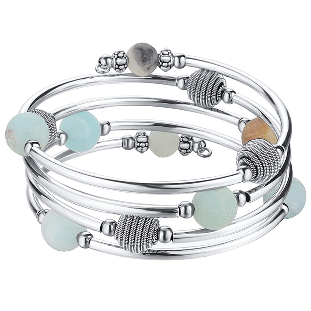 PEARL&CLUB Beaded Chakra Bangle Turquoise Bracelet - Fashion Jewelry Wrap Bracelet with Thick Silver Metal and Mala Beads, Birthday Gifts For Women(63-Agate Green)