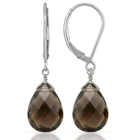 GemInspire Smoky Quartz Teardrop Dangle Earrings for Women, Leverback Pear Shaped Gemstone, 925 Sterling Silver Leverback, Handmade Lightweight Crystal Jewelry Gift