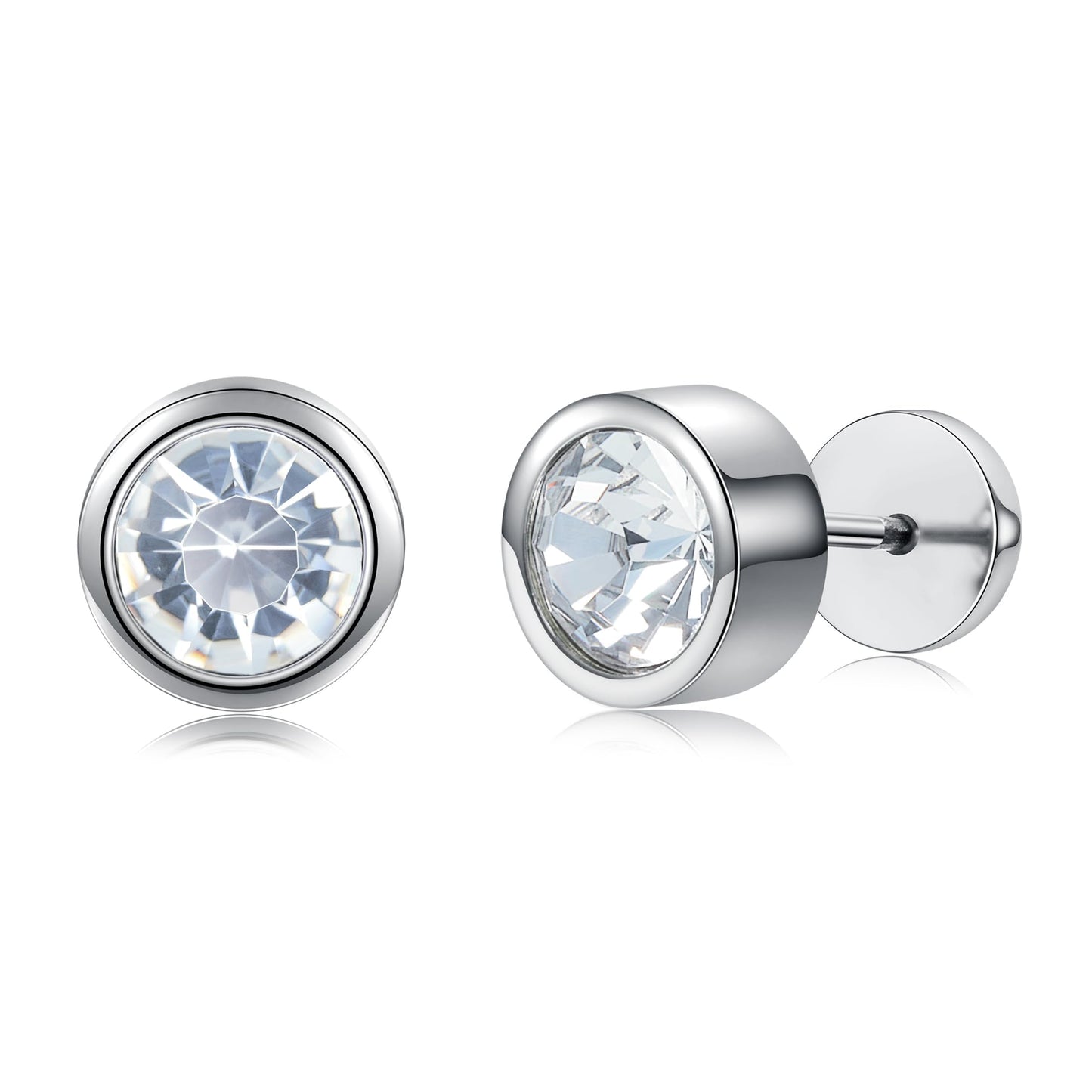 VOLUKA Titanium Earrings Screw Flat Back Earrings Studs Hypoallergenic for Sensitive Ears Cubic Zirconia Created Quartz Punk Dot Disc Barbell Stud Earrings-9mm CZ