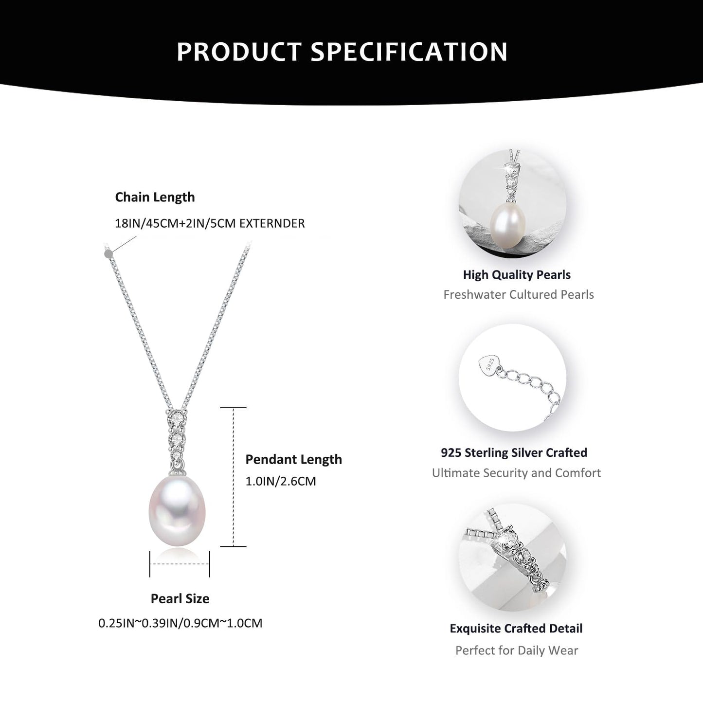 BAMIKI Pearl Necklace and Earrings Set, Freshwater Cultured Pearl Jewelry Set in 925 Sterling Silver with CZ - Elegance for Wife, Mom, Girlfriend on Anniversary, Mother's Day, or Birthday