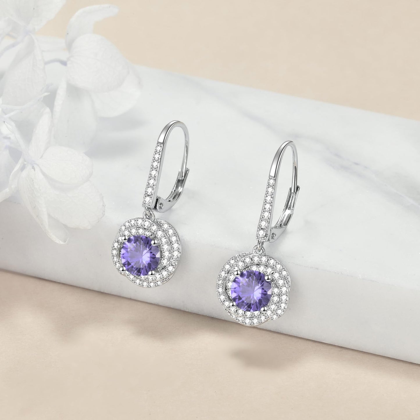 VONALA Amethyst Earrings 925 Sterling Silver Purple Cubic Zirconia Leverback Earrings June birthstone Earrings Amethyst Jewellery Gift for Women