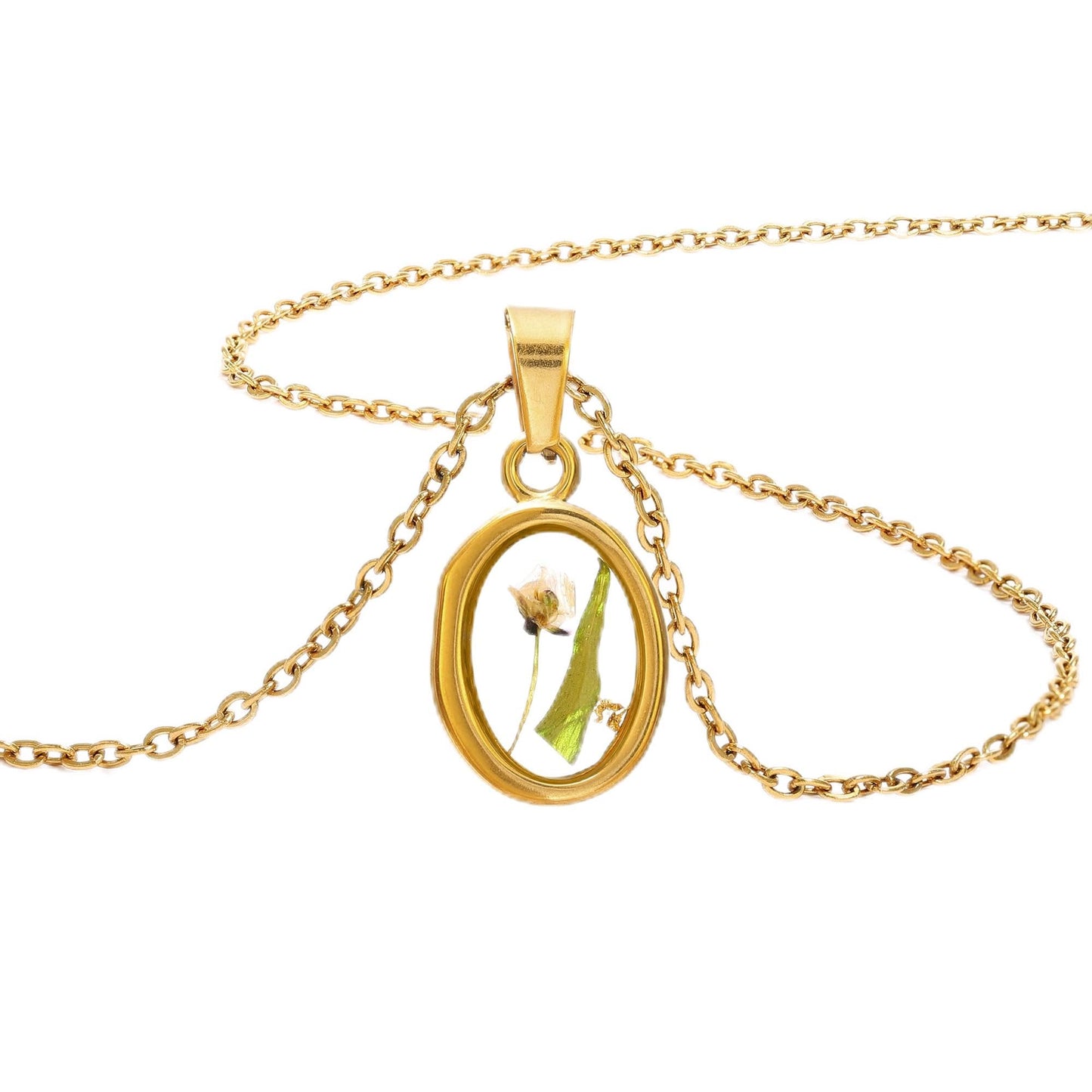 LETFLY Birth Flower Necklaces for Women, 18K Gold Plated Oval Shaped Handmade Floral Pendant, Pressed Flower Necklace Jewelry Gifts Hope