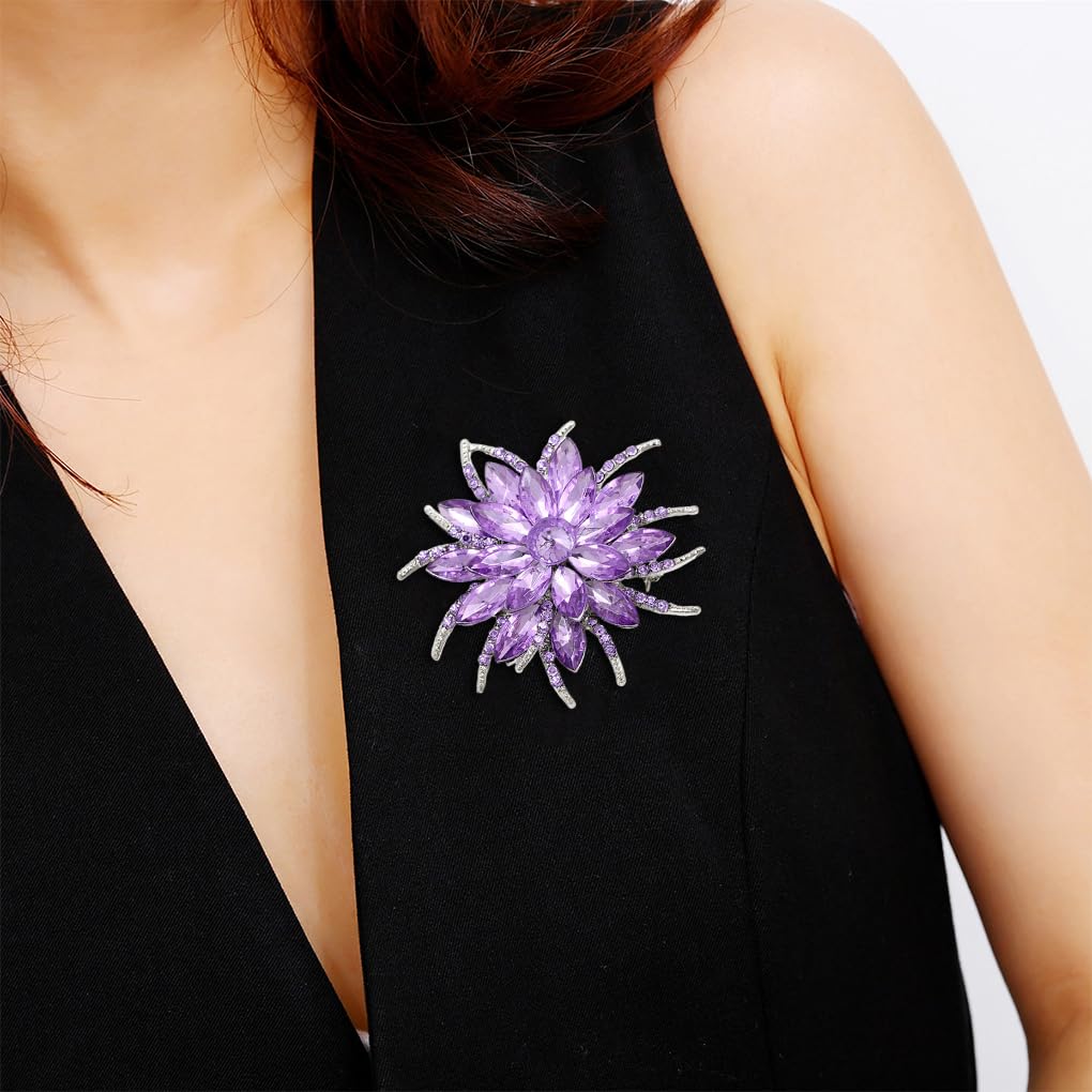Rhinestone Large Flower Brooches Pins for Women Fashion Sparkly Crystal Sunflower Statement Brooch Unique Wedding Party Suit Dress Jewelry Accessories (Purple2)