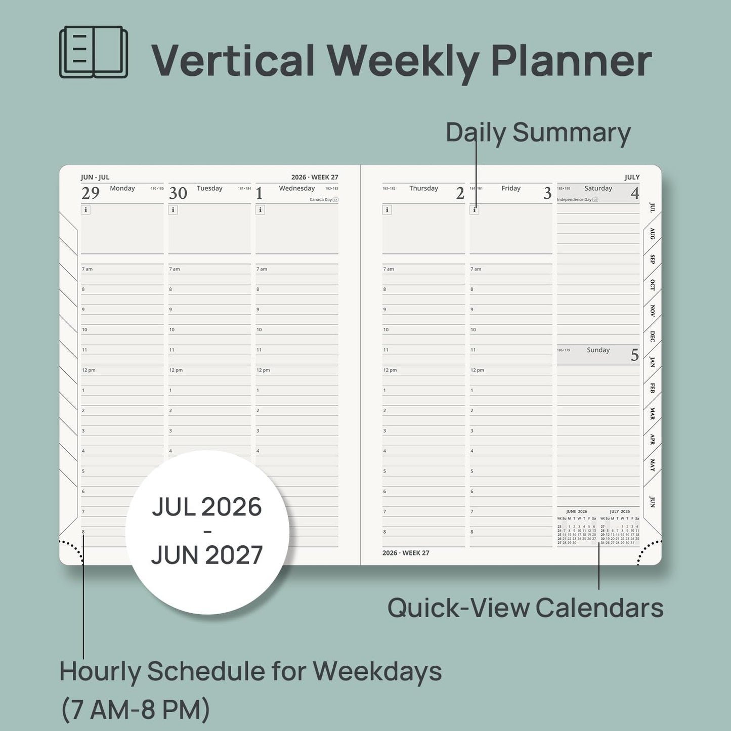 POPRUN Planner 2026-2027, 6.5" x 8.5", Academic Planner 2026-2027 Weekly and Monthly (July 26-June 27) Hourly Appointment Book with Inner Pockets, Leather Soft Cover, 100GSM - Brown