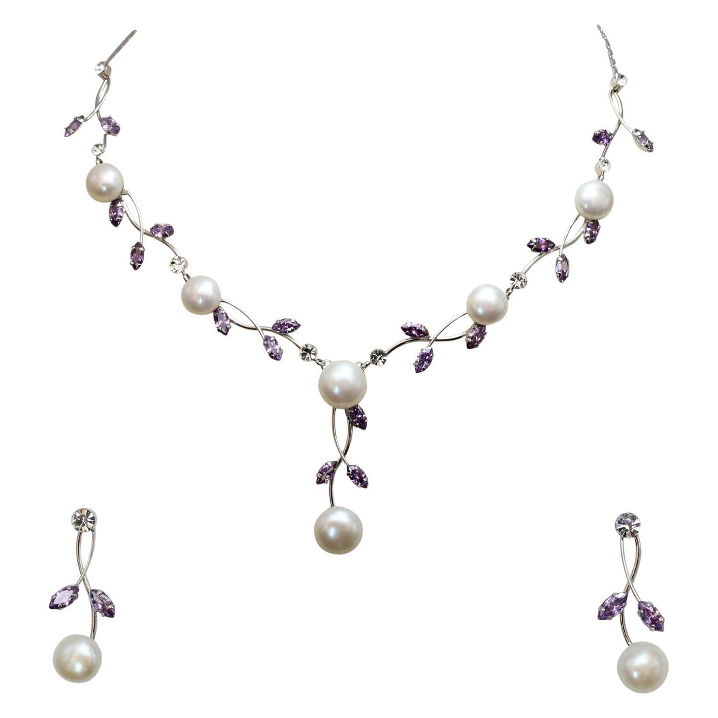 Faship Gorgeous CZ Crystal Genuine Freshwater Pearls Floral Necklace Earrings Set - Purple