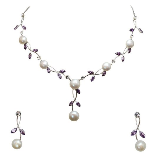 Faship Gorgeous CZ Crystal Genuine Freshwater Pearls Floral Necklace Earrings Set - Purple