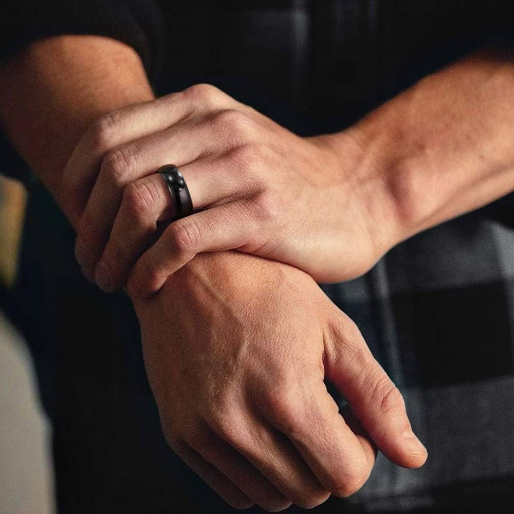 TRUMIUM 8mm Black Ring Band Tungsten Wedding Band for Men Women High Polished Dome Comfort Fit Size 7