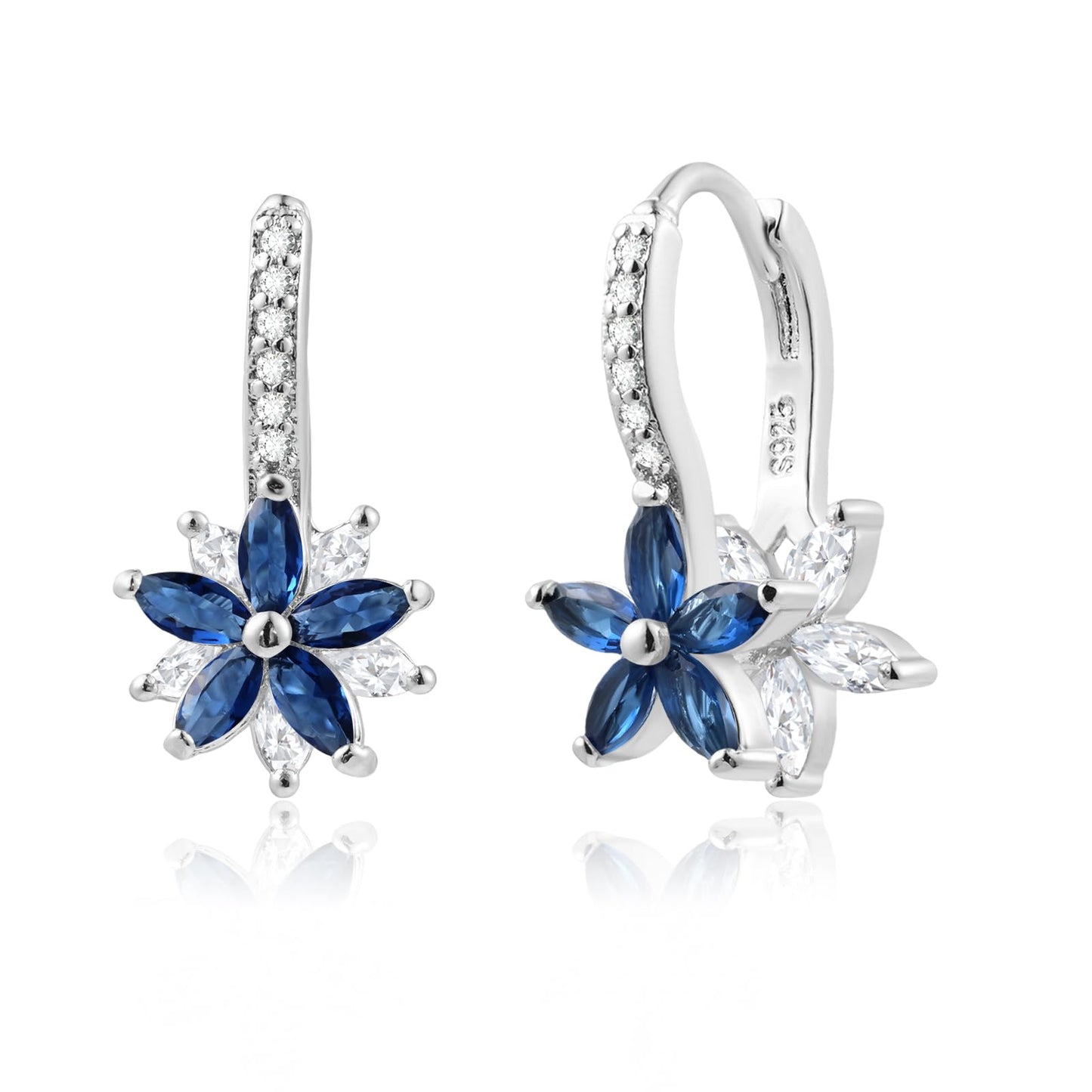 Watforsh 925 Sterling Silver Flower Earrings for Women Dangling Leverback Earrings with Sapphire and White Crystal Double Floral