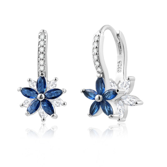 Watforsh 925 Sterling Silver Flower Earrings for Women Dangling Leverback Earrings with Sapphire and White Crystal Double Floral