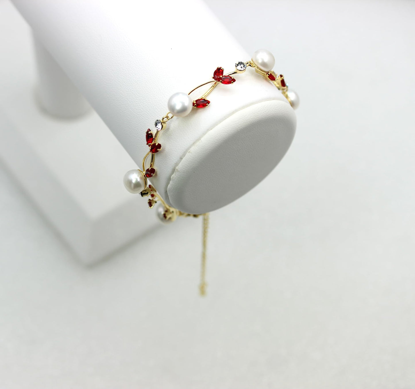 Faship Red CZ Crystal Genuine Freshwater Pearls Floral Bracelet 7.5" - 9.5" - Red/Gold Plated/Matching Bracelet