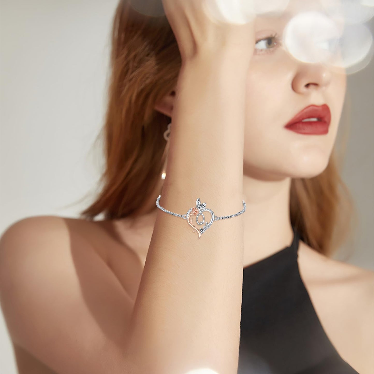 TOUPOP Rose Heart Bracelet for Women Sterling Silver Heart Initial Q Letter Bracelet Butterfly Love Jewelry Anniversary Birthday Mothers Day Gifts for Mom Wife Her Girlfriend