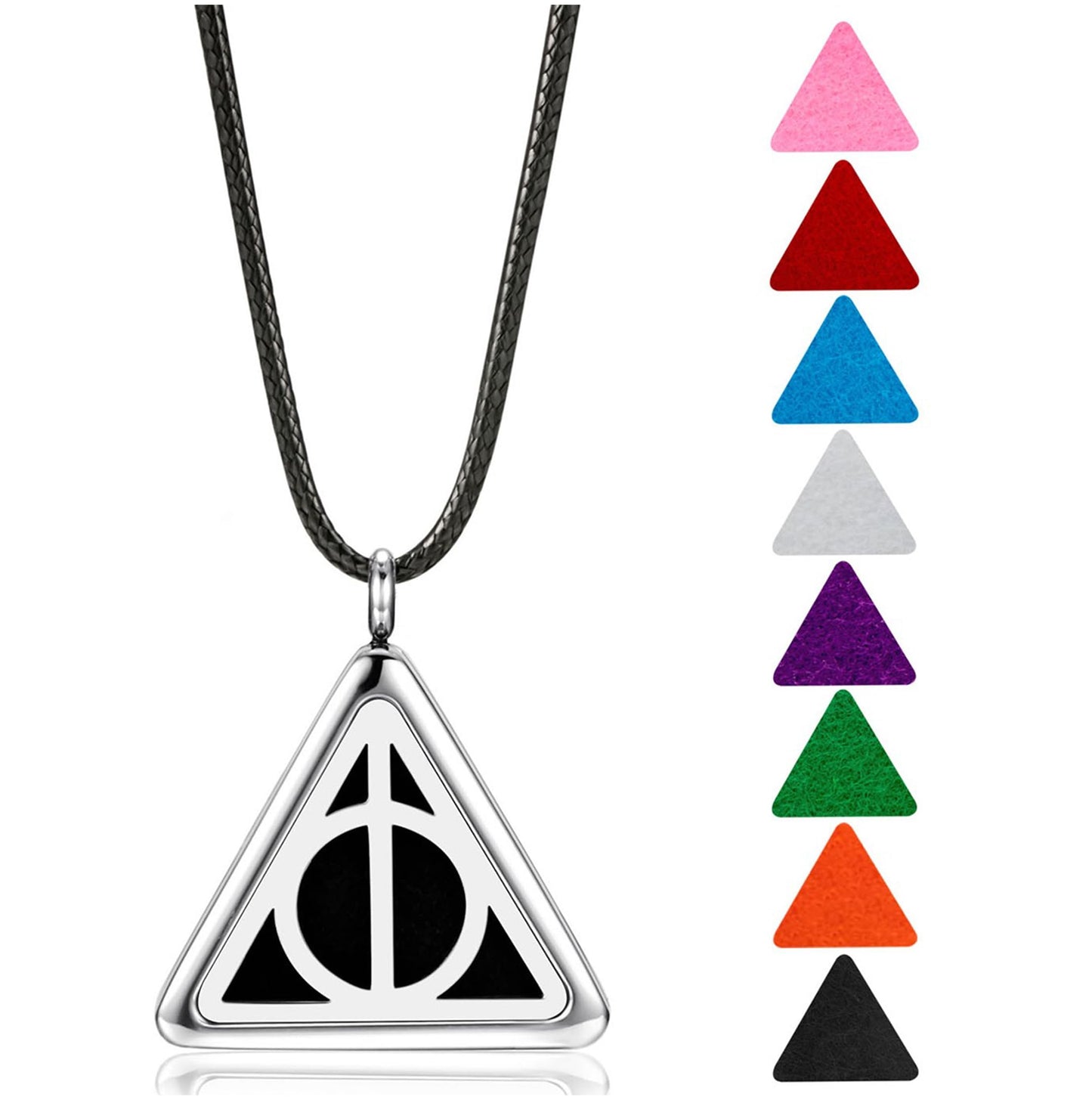 Wild Essentials Potter Hallows Aromatherapy Diffuser Necklace13-PieceGift Set –Includes 4 Pure Essential Oils, Black Rope Necklace, Steel Pendant, 8 Pads –Calming Aromatherapy Essential Oil Necklace
