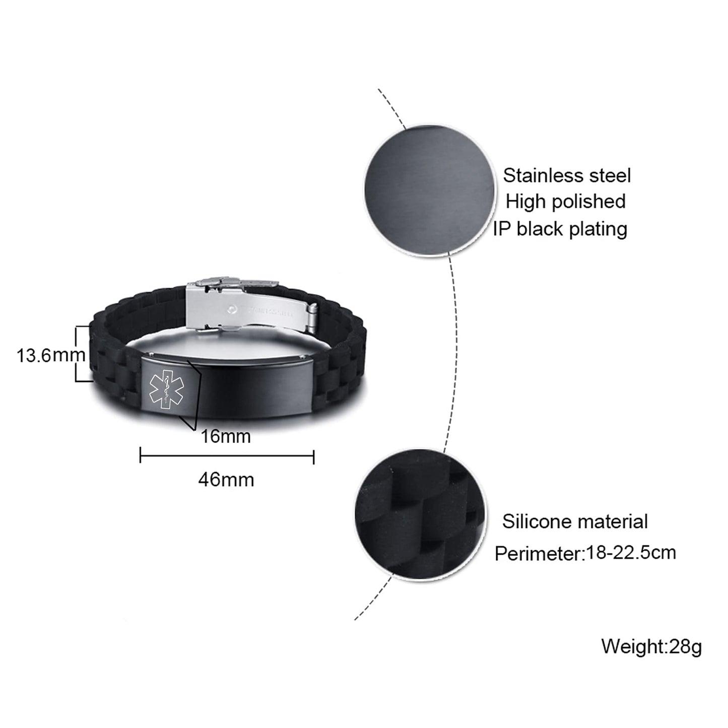 VNOX PENICILLIN Allergy Medical Alert ID Bracelet Black Silicone Rubber Stainless Steel Adjust Bracelet Wristband for Men Unisex
