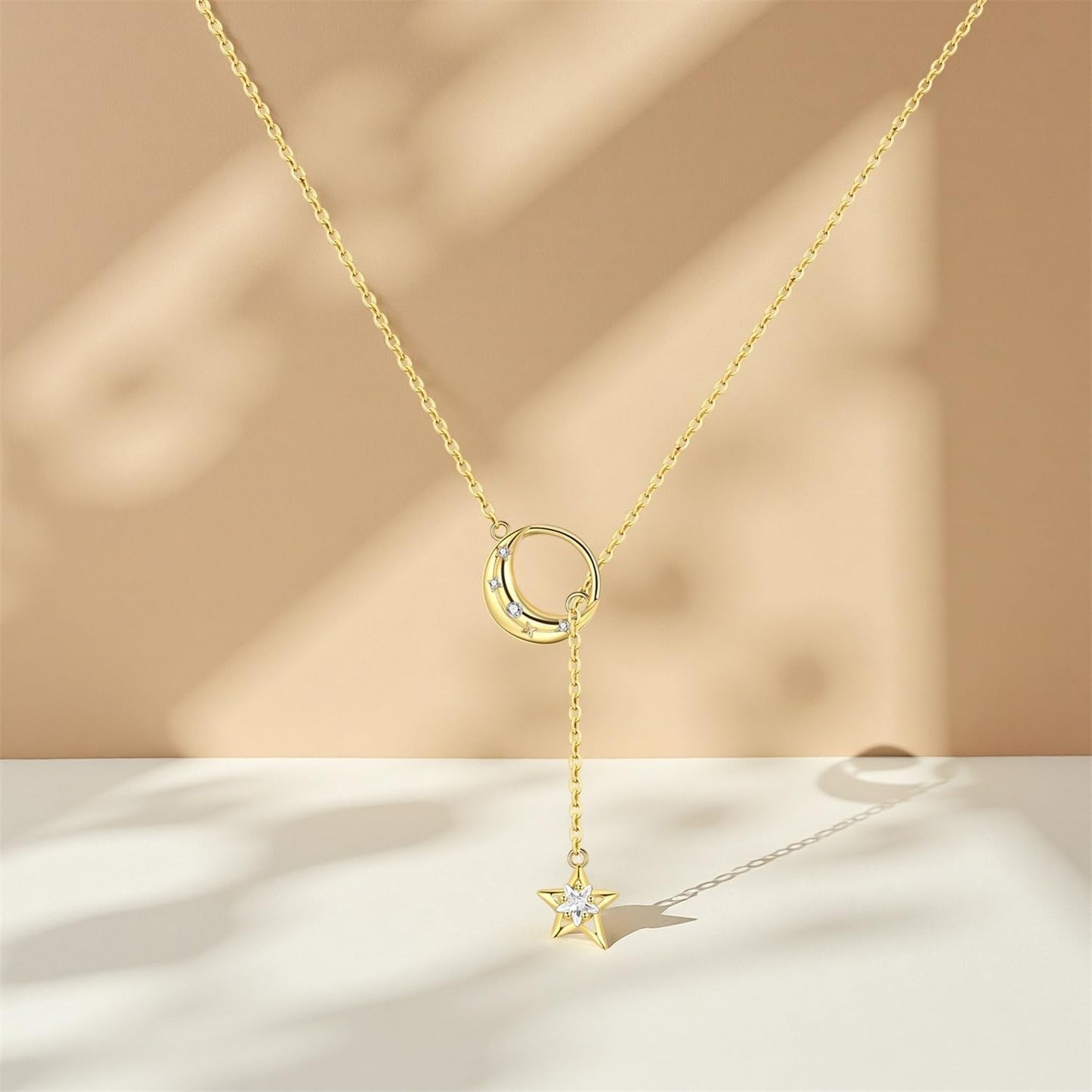 MISEFF 925 Sterling Silver Fashion Pendant Necklace for Women，Fashion Jewelry, 18K Gold Plated， Advanced Retro Series Link Chains ，Basic Multifunctional Accessories Suitable for Multiple Occasions and Daily Wear (Golden Star Moon Y-shaped Chain)