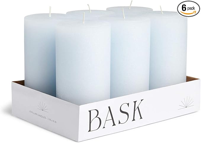 Mottled Pillar Candles by Bask - Set of 6-3" x 6" Dripless Unscented Candles in Light Blue for Home Decor, Relaxation & All Occasions