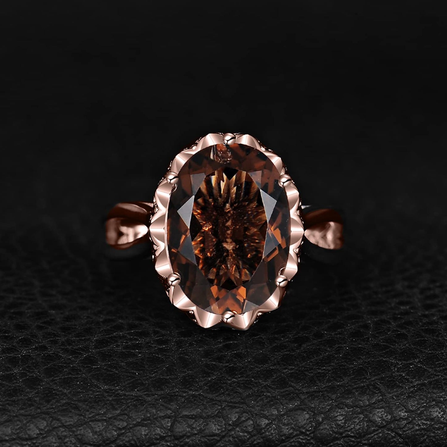JewelryPalace Huge Oval Shape 5.7ct Genuine Smoky Quartz Cocktail Rings for Her, 14K Rose Gold Plated 925 Sterling Silver Ring for Women, Natural Gemstone Jewelry Sets Rings 6