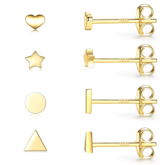 Sterling Silver Stud Earrings for Women Men- 4 Pairs of Hypoallergenic Simple Geometric Small Stud Earring Set Tiny Circle Triangle Heart Star Stud Earrings Mini Cartilage Tragus Earrings, Gold