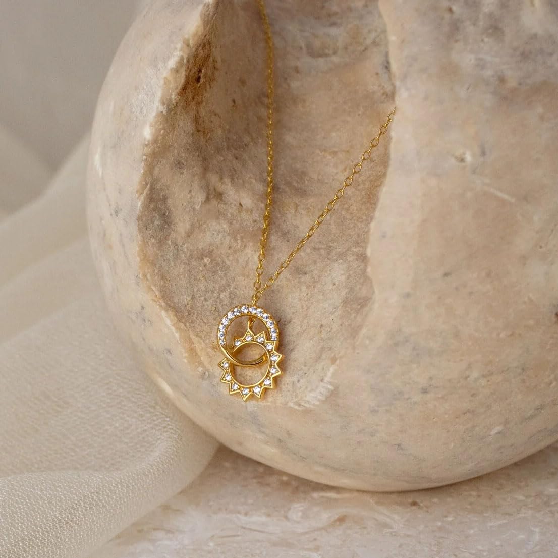 NUZON Moon and Sun Pendant Necklace for Women 18K Gold Plated Interlocking Circles Necklace Cubic Zirconia Celestial Hollow Crescent Moon Chain Choker Dainty Jewelry 16’’