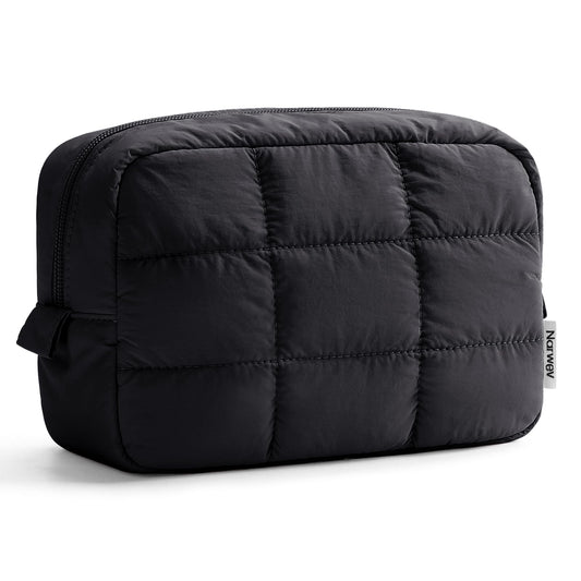 Narwey Puffer Makeup Bag for Women Girl, Quilted Travel Cosmetic Bag Puffy Make Up Bag Organizer, Cute Travel Toiletry Bag for Toiletries (Black)