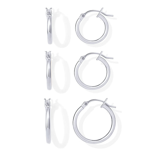 PAVOI Rhodium Plated 925 Sterling Silver Posts Small Hoop Earrings for Women - Trendy Thin Huggie Piercing Pack - Three Pair Earscape Gold Hoop Earring Set