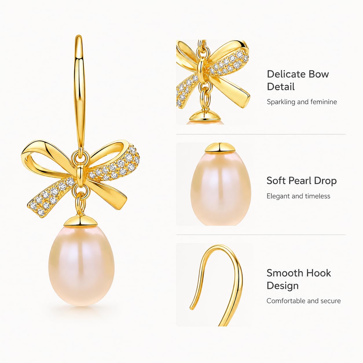 Pearl Drop Earrings for Women, Gold Plated & 925 Sterling Silver, Pink & White Dangle Earrings, Dainty Cute Elegant Bridal Wedding Gift for Her