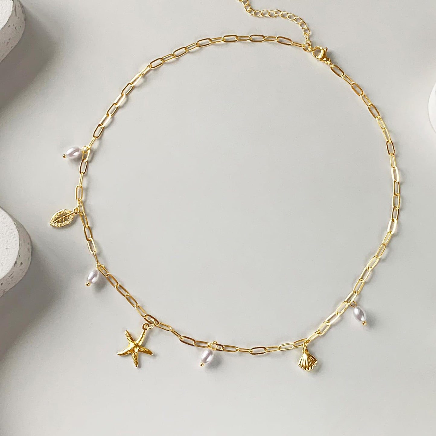 Zeffy Charm Necklace for Women - Dainty Paperclip Beach Charm Necklaces Cute Shell Necklace Starfish Leaf Pendant FreshwaterPearl Necklace Accessory Beach Preppy Stuff Ocean Summer Jewelry