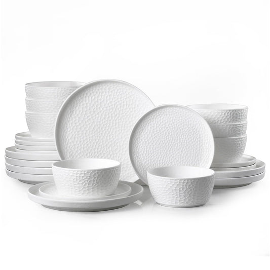 KINGSTONE Ceramic Dinnerware Set, 24-Piece Porcelain Plates and Bowls Set for 8, Matte Black or White, Hammered Texture, Microwave, Dishwasher & Oven Safe, Perfect for Home, Weddings & Gifts