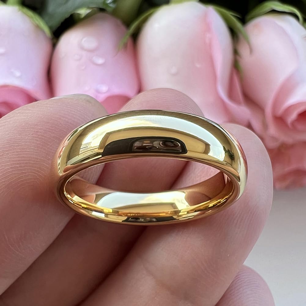 TUTISS 5mm Gold Tungsten Rings for Men Women Engagement Wedding Bands Domed Polished Comfort Fit Size 10