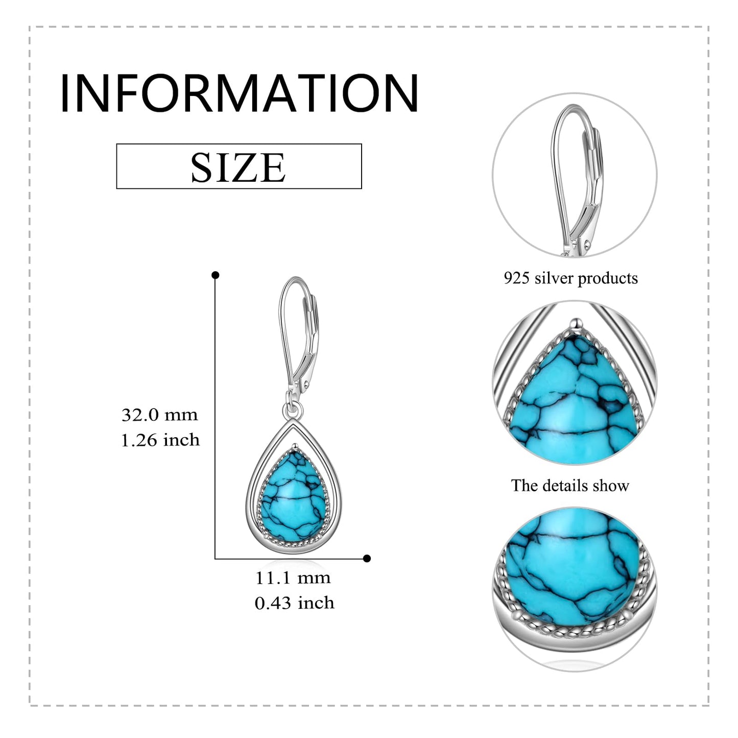 VONALA Turquoise Earrings 925 Sterling Silver Turquoise Leverback Earrings Teardrop Dangle Dangling Earrings Jewelry Gift for Women