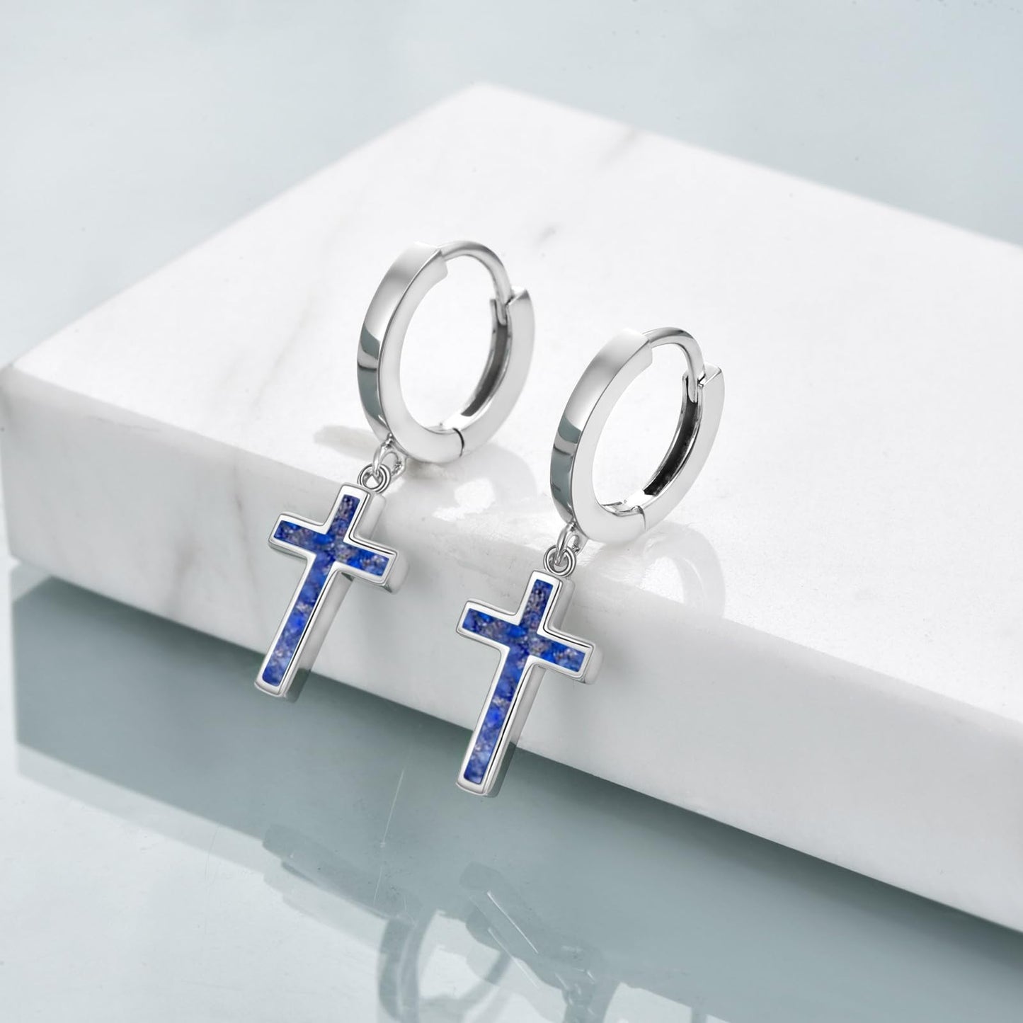925 Sterling Silver Cross Hoop Earrings Dangle Drop Earrings Huggie Jewelry Birthday Gifts for Women (Lapis Lazuli Cross)