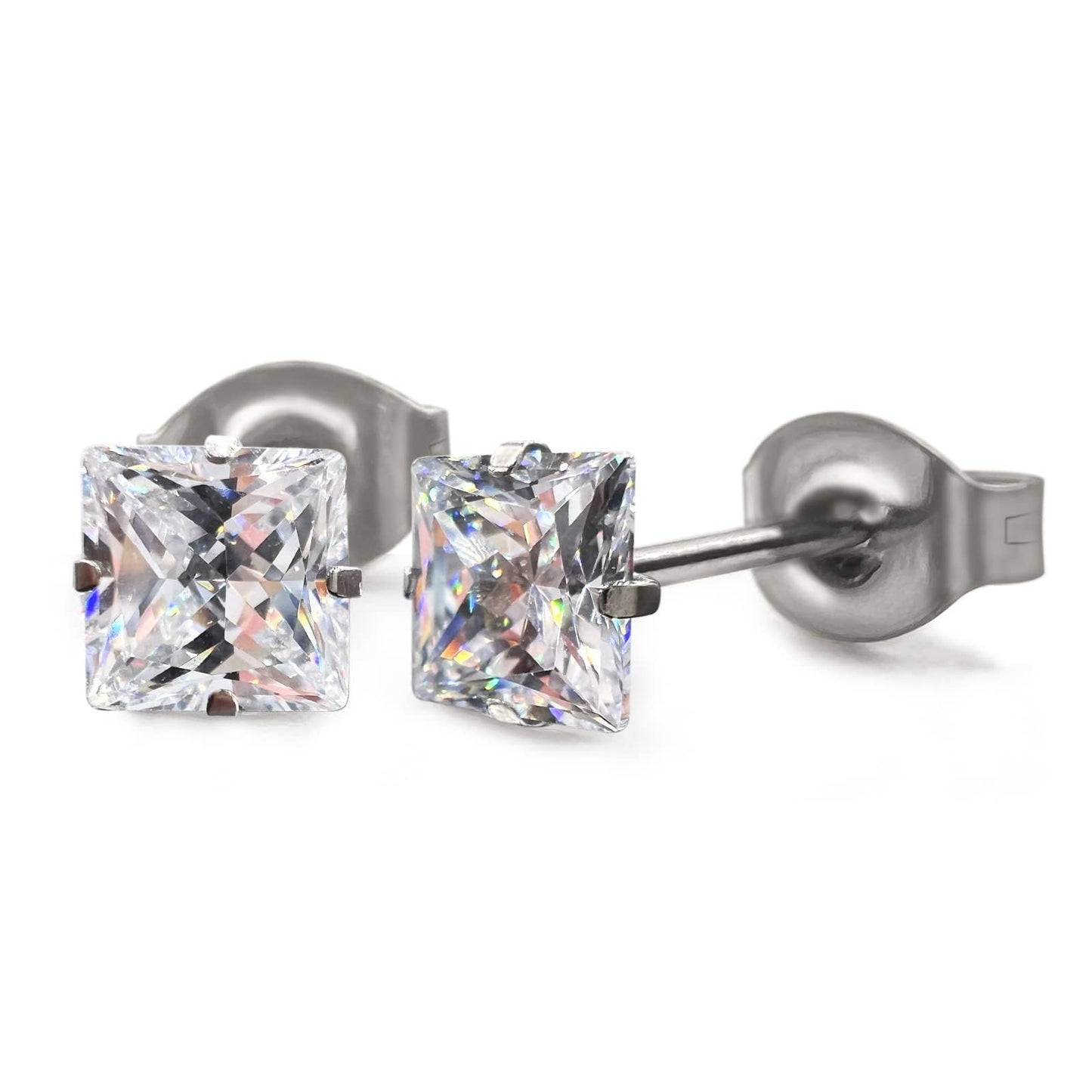 Limerencia G23 Pure Titanium Earrings F136 Implant Grade Titanium Studs 20G Hypoallergenic Round Cubic Zirconia/Princess-Cut/Square/Ball Earrings for Women Men Sensitive Ears(6mm Square CZ)