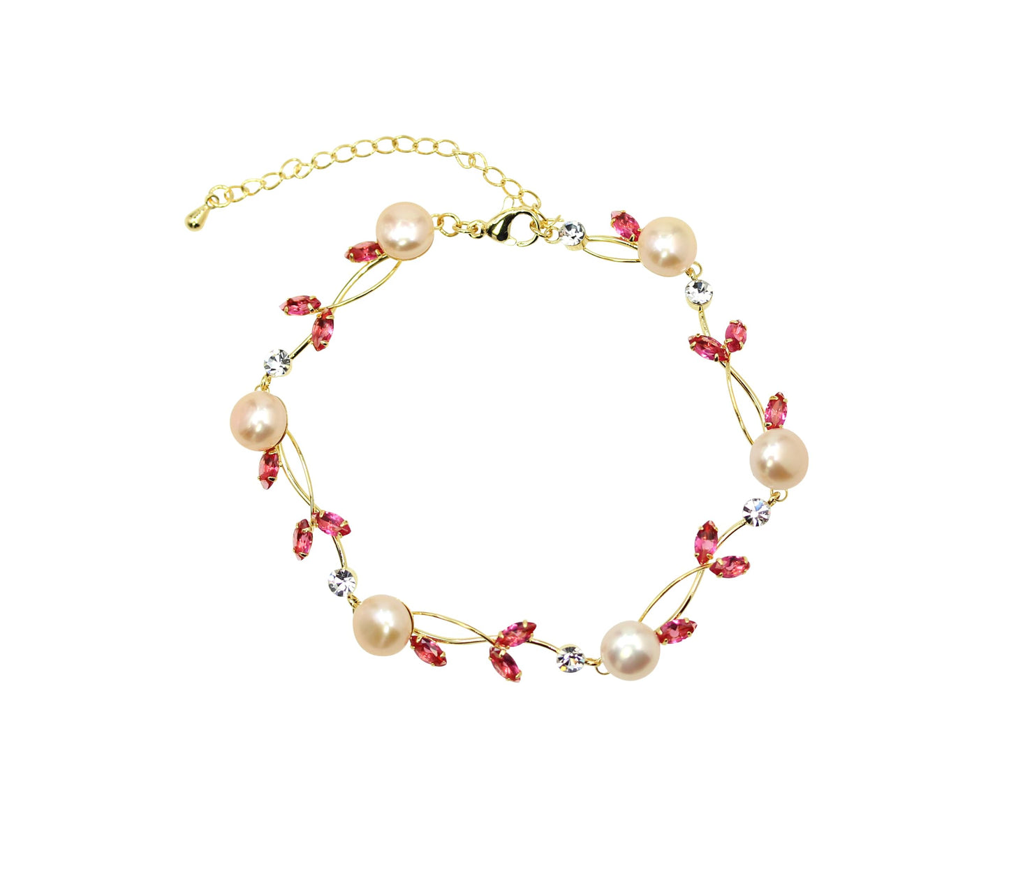 Faship Pink CZ Crystal Genuine Freshwater Pearls Floral Bracelet 7.5" - 9.5" - Rose/Gold-Plated/Matching Bracelet
