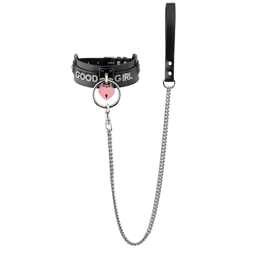 ADEMISHIA Pink Padlock O-ring Leather Choker and Leash Set, Punk Gothic Grunge Emo Necklace For Women, Soft Vegan Leather Collar with Durable Aluminum Chain Leash