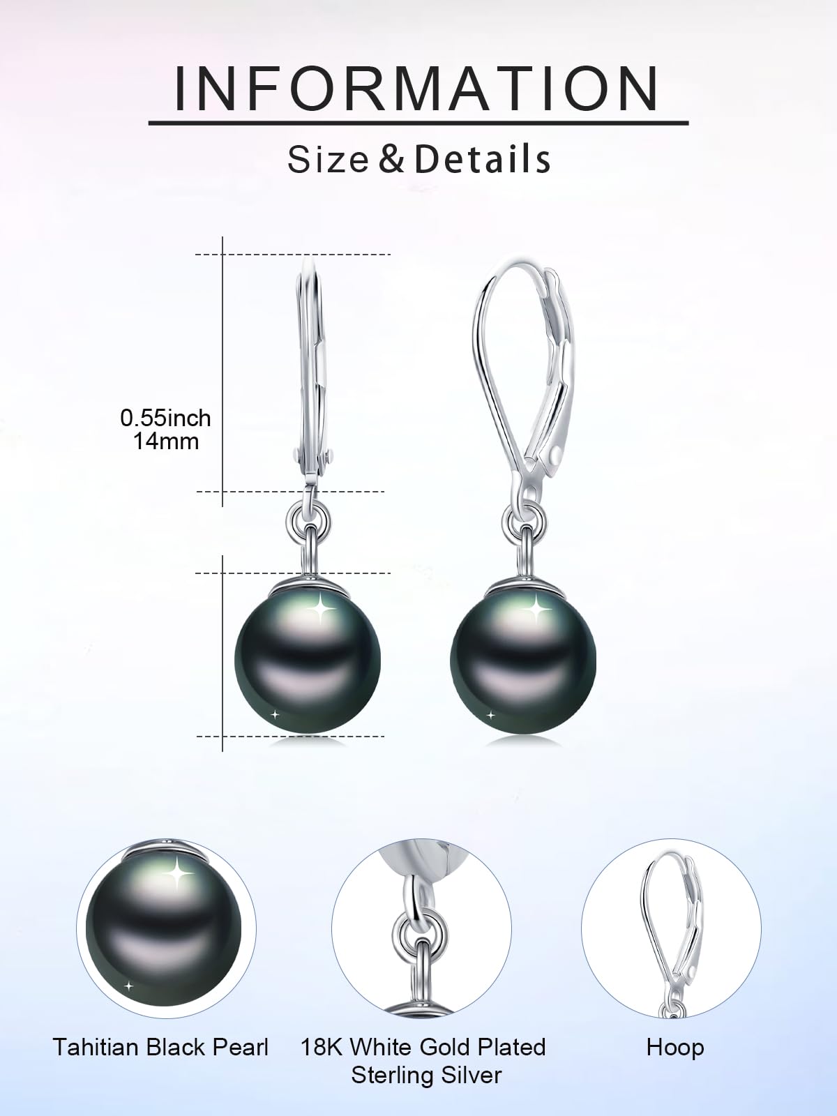 KANNSOAR Tahitian Black Pearl Earrings 18K White Gold Plated 925 Sterling Silver Black Pearl Leverback Hoop Drop Earrings Jewelry Gift for Women Wife Birthday