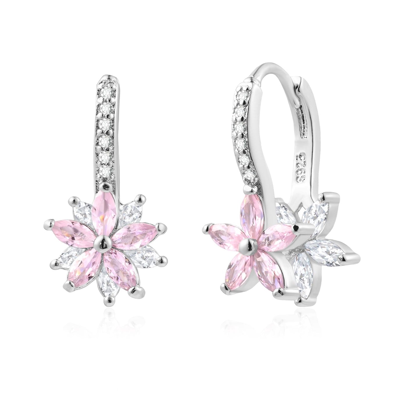 Watforsh 925 Sterling Silver Flower Earrings for Women Dangling Leverback Earrings with Pink and White Crystal Double Floral