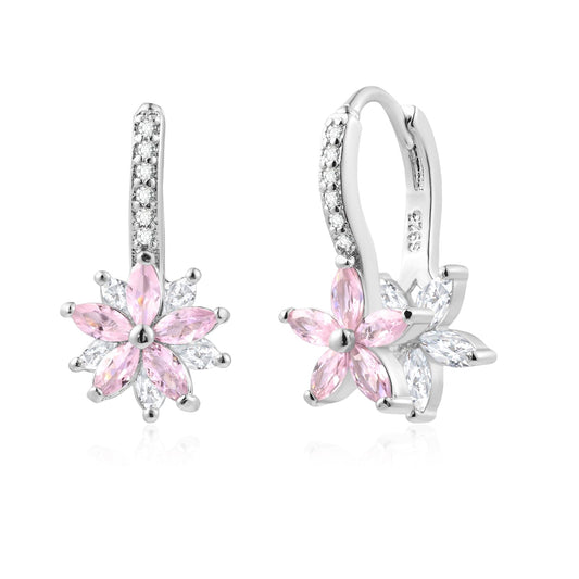 Watforsh 925 Sterling Silver Flower Earrings for Women Dangling Leverback Earrings with Pink and White Crystal Double Floral