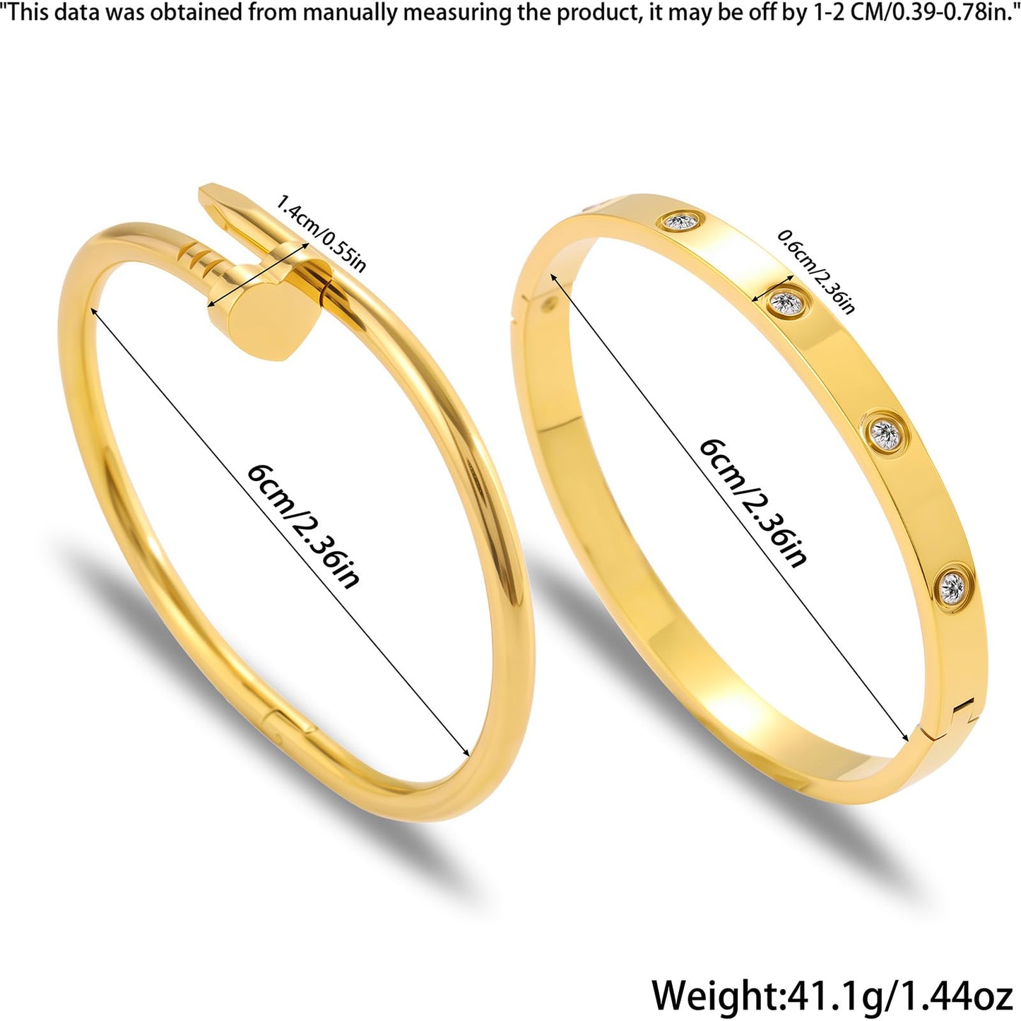 Acnode Gold Bangle Bracelets for Women -2PCS Friendship & Love Bangle Bracelet Clover Nail Bracelet Stack Set Trendy Non-Tarnish Stainless Steel Jewelry Gifts for Mom Wife Her