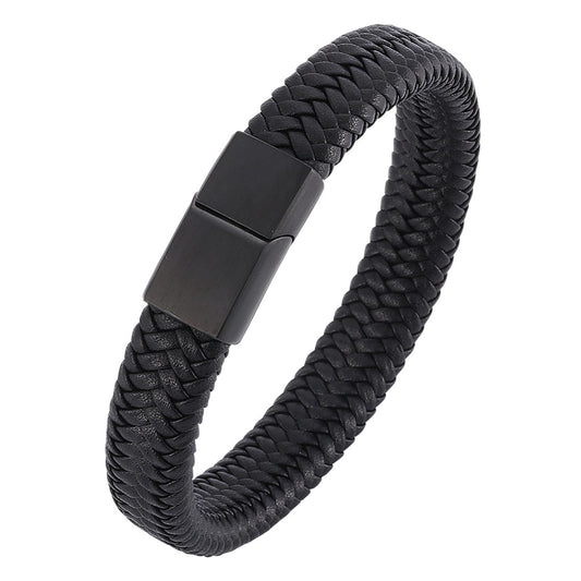 Silverso Men's Leather Bracelet, Stackable Stainless Steel Clasp Bracelets for Men Stylish Birthday, Thanksgiving, Valentine's Day Gift for My Man (7.8" Pure Black)
