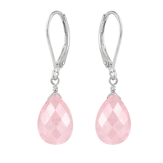 GemInspire Rose Quartz Pear Shape Tear Drop Earrings Suspended with Sterling Silver Lever Back Hoop, Elegant Handmade Jewelry Gifts for Women