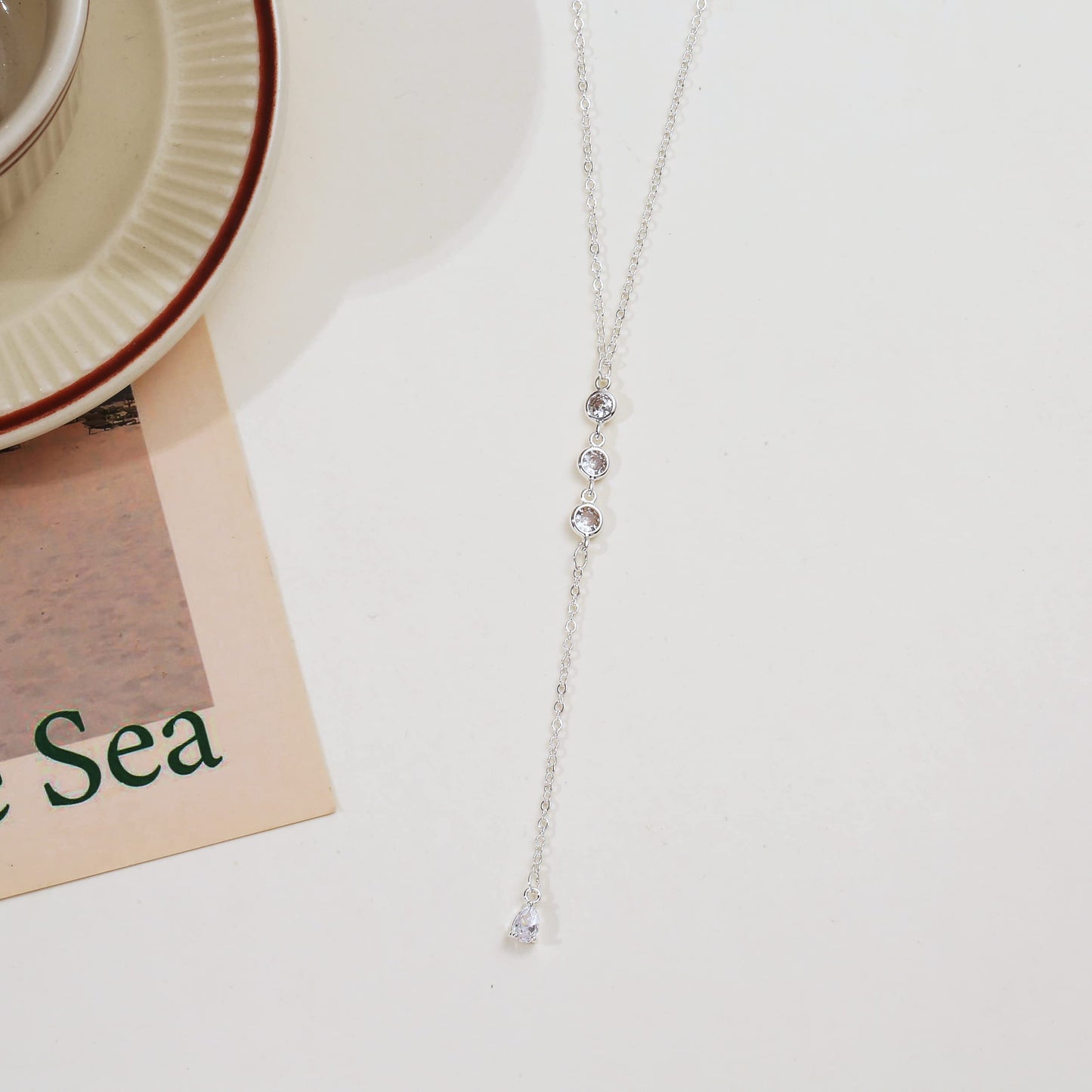 Sewyer Silver Y Necklace for Women 14K Gold Plated Y-Shaped Drop Necklaces CZ Long Necklace Cubic Zirconia Pendant Layered Long Lariat Necklace Women Jewelry