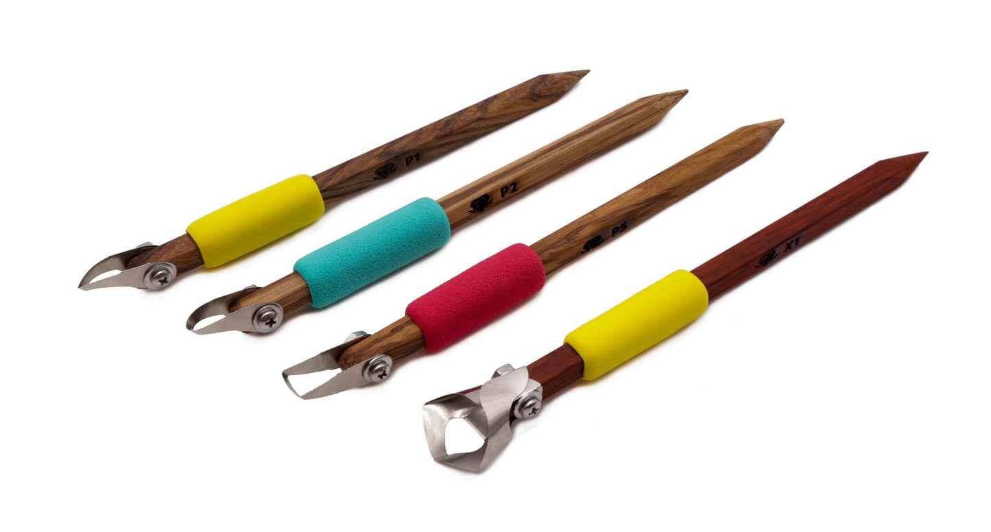 The Original DiamondCore Tools: 4-Pack Pottery Carving Tool Set ‚ P1, P2, P5, X1, Clay Carving, Ceramic Sculpting, Sgraffito, Relief Fluting (Set 1)