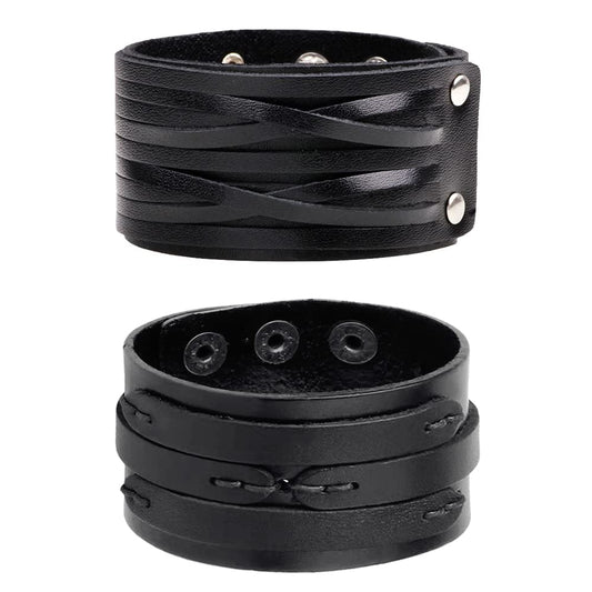 NIGHTCRUZ Punk Leather Cuff Bracelet, 2PCS Vintage Leather Wristband for Men Women