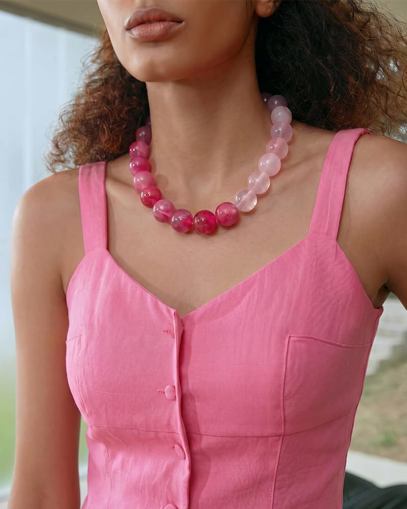 FAUTHENTICUTE Chunky Pink Necklace for Women Two-tone Pink Polished Round Resin Beaded Necklace Trendy Bead Collar Statement Necklace for Summer and Beach Boho Jewelry Gifts